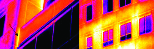 Infrared image of building showing heat loss energy efficiency surveys