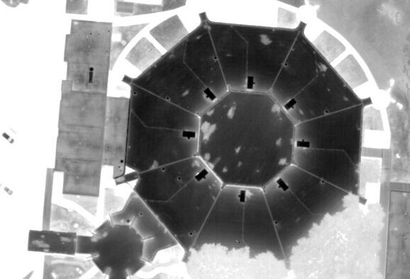 Infrared image showing aerial roof surveys for school building